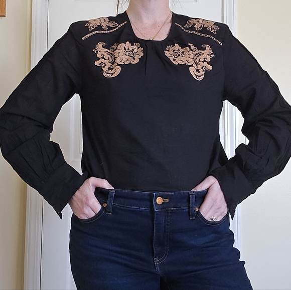 St. Roche Tops - St Roche MORTIMER TOP Black Embroidered Hand Loom Cotton New